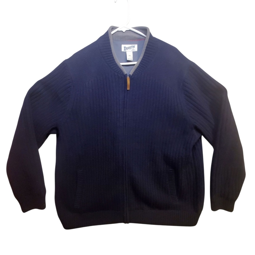 Duluth Trading Co Mens 2XL Navy Blue 100% Shetland Wool Ribbed Full Zip Sweater